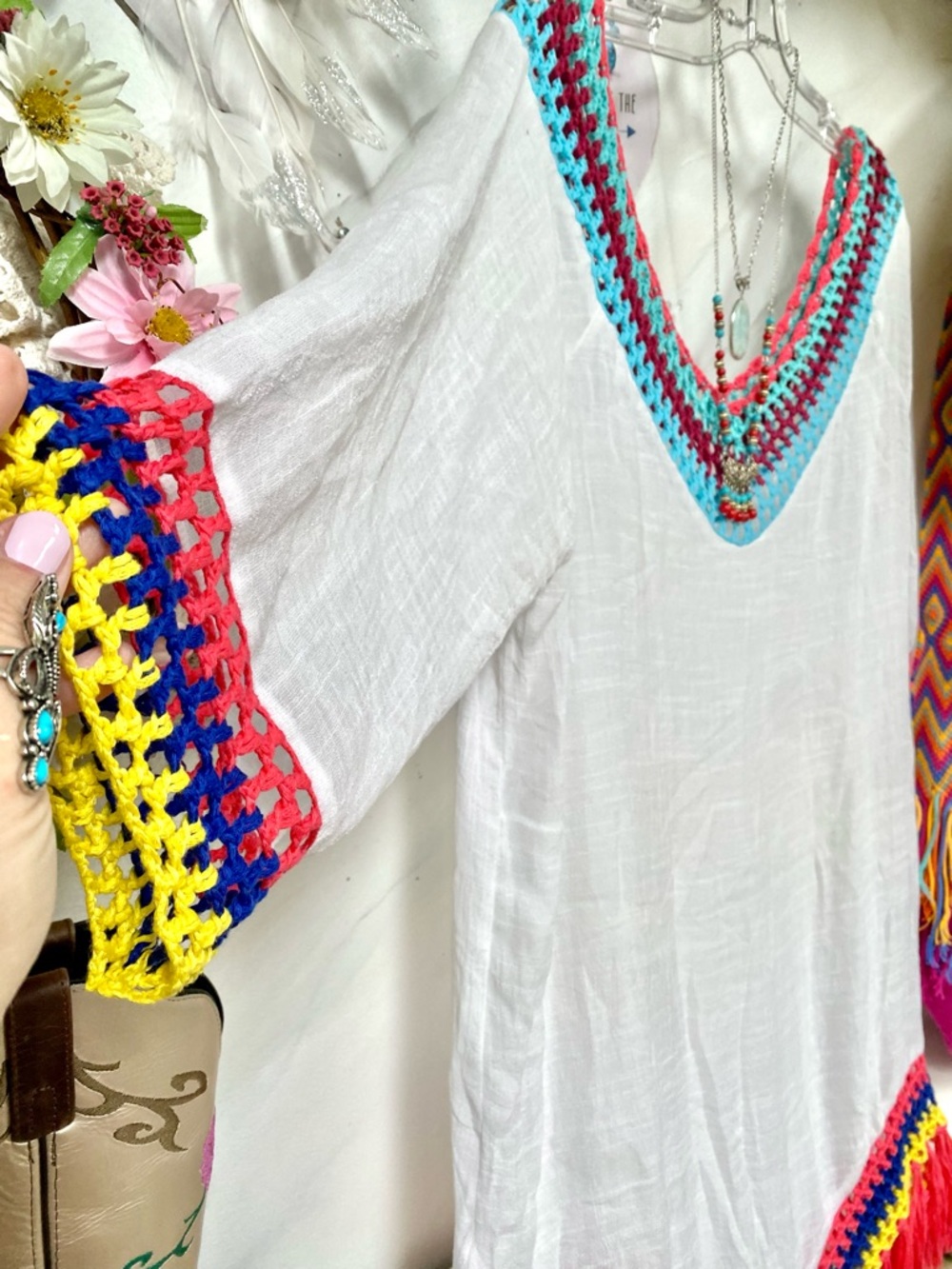 Granny fringe crochet boho tunic dress cover up w hippy Gypsy beach vibe - Picture 10 of 13